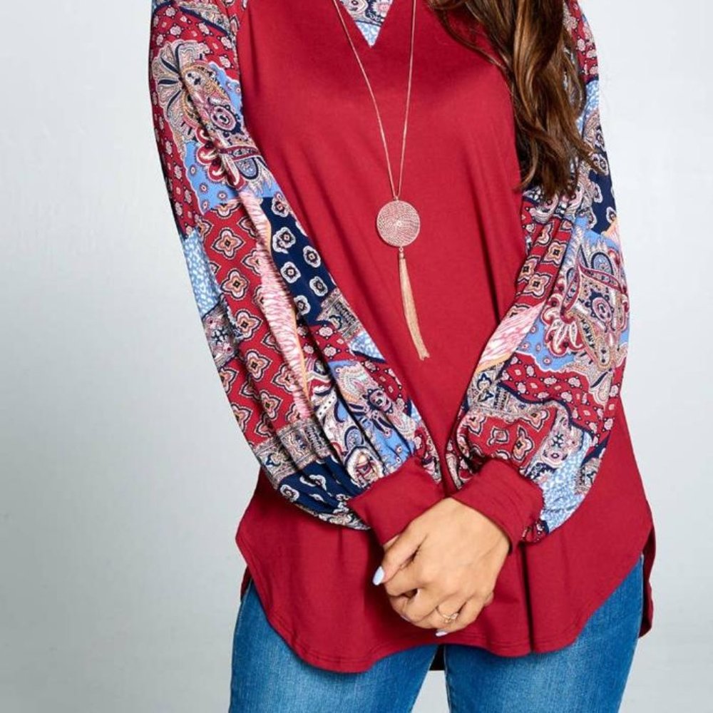 Patchwork Balloon Sleeve Raglan Top "Red" - Picture 2 of 2